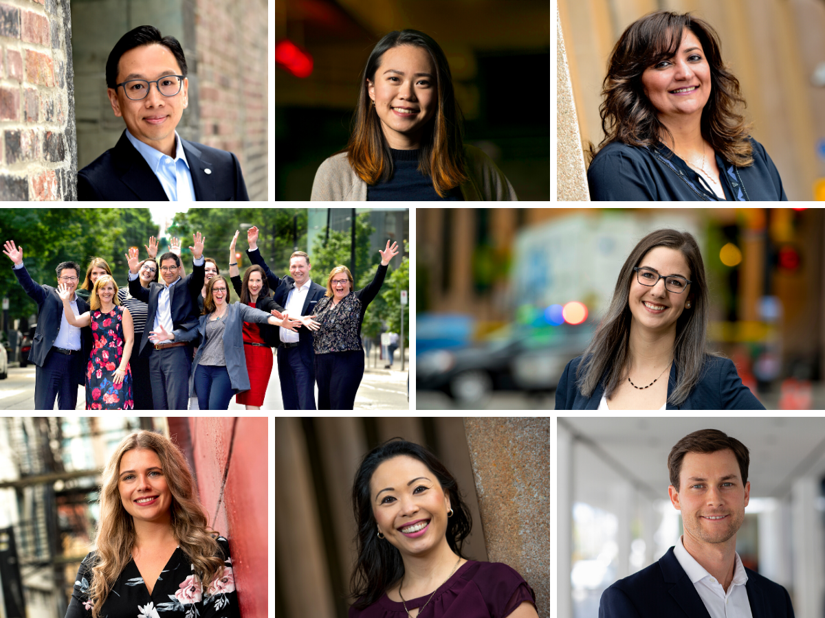 A diverse collage of headshots and group photos of many professional, smiling men and women